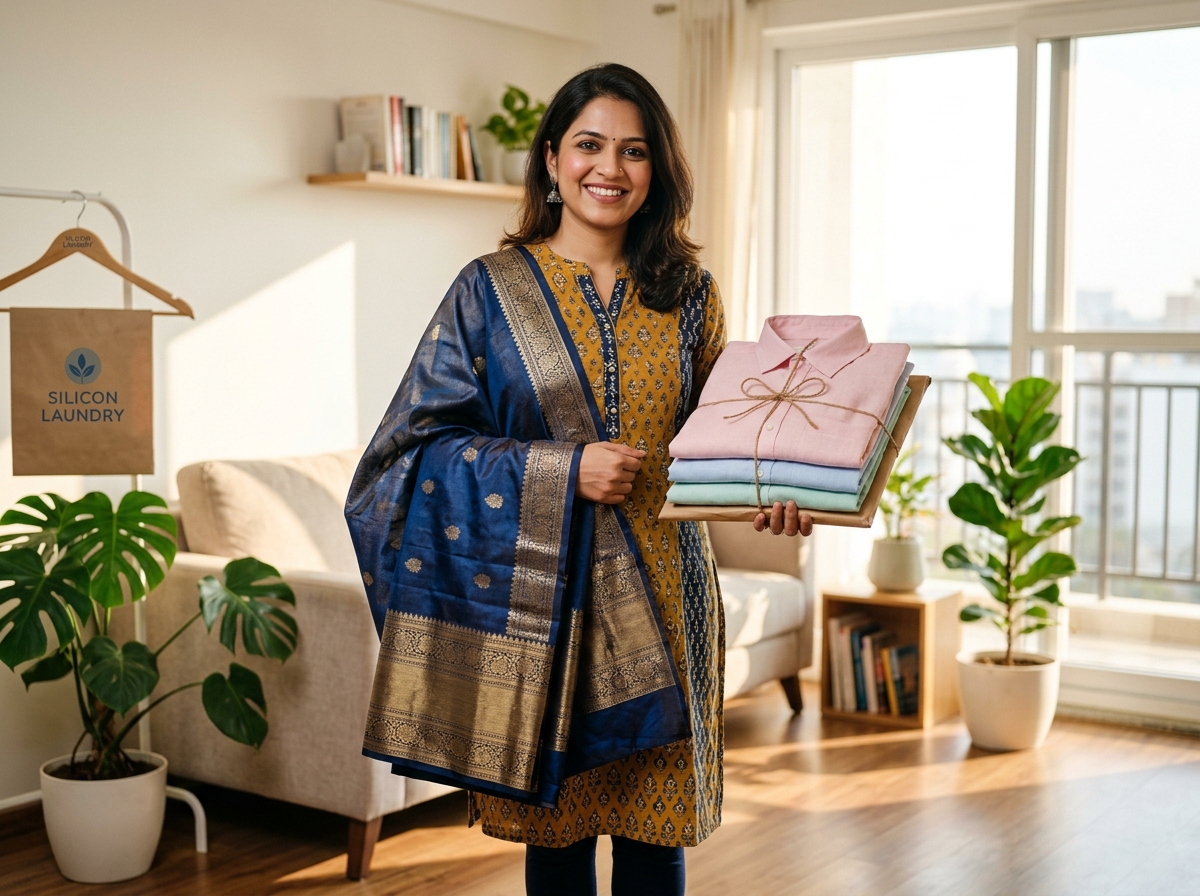 Delighted Silicon Laundry customer with freshly steam-pressed silk saree and crisp shirts